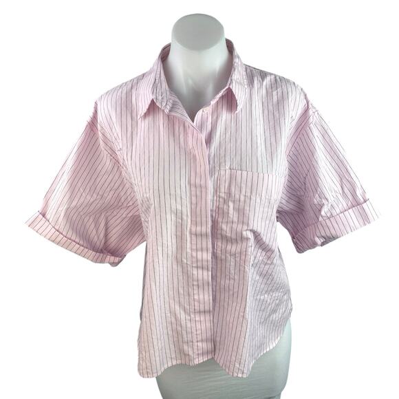 Zara Women's Pink Black Pinstriped Short Sleeve Button Down Shirt Top Size M - Picture 1 of 4